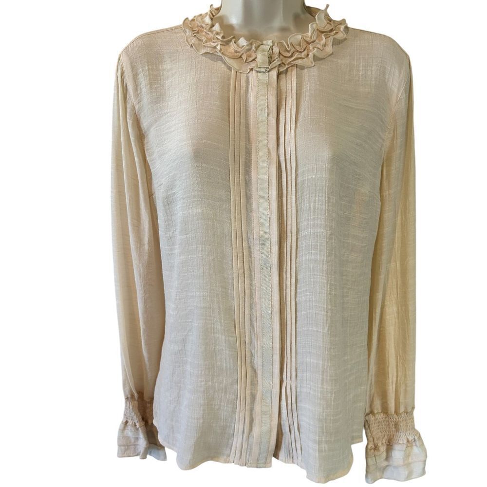 Spanner Tapestry Light Beige Ruffled Collar Blouse Elegant Long Sleeve Top 10‎